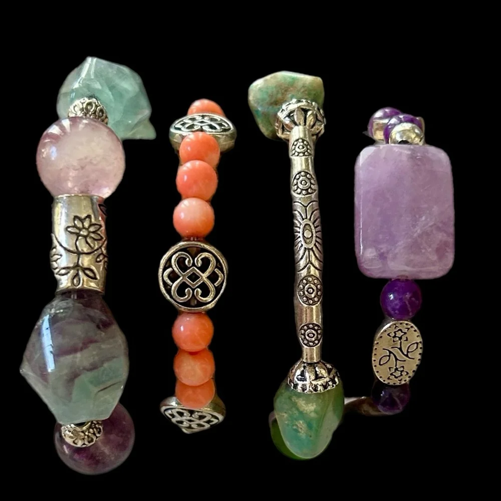 Boho Gemstone Crystal Bracelet Stack Set of 4 Amethyst Fluorite Silver Artisan - Picture 2 of 7